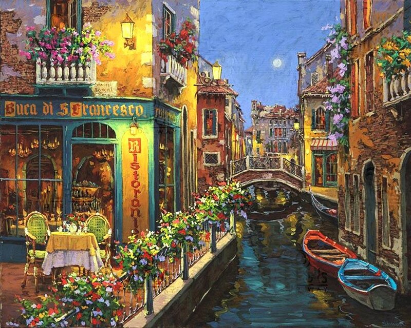 Venetian Canal Scene — Yellow, Serene, Night