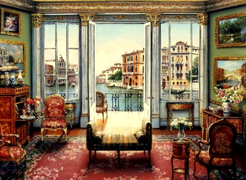 Venetian canal view from ornate room