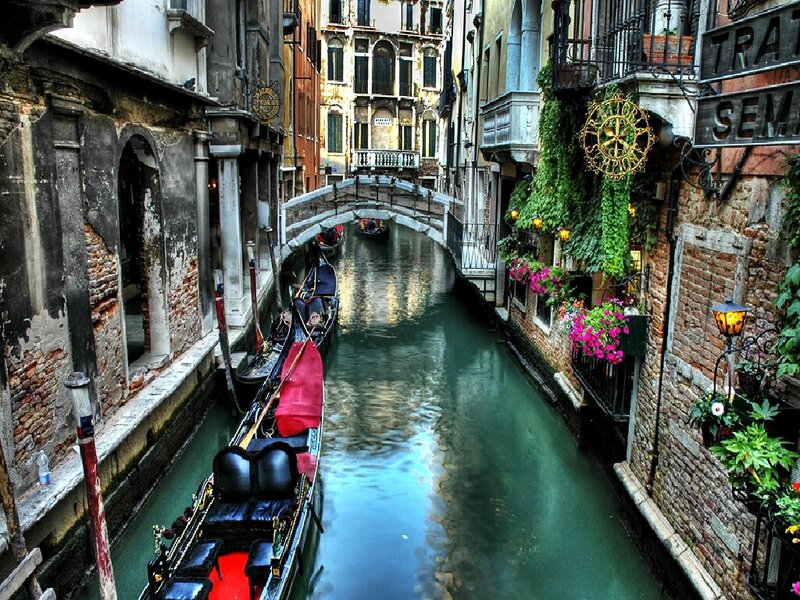 Venetian canal with gondolas
