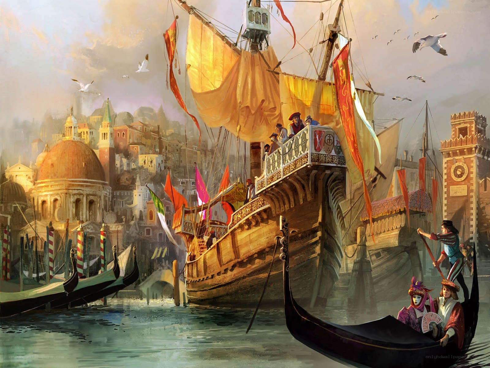 Venetian gondola and ship