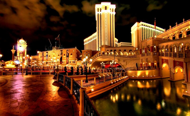 Venetian Hotel at Night — Yellow, Dramatic, Photograph