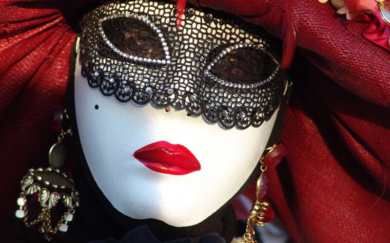 Venetian Mask with Red Lips — White