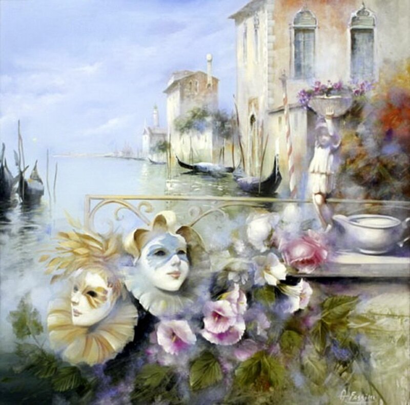 Venetian Masks and Flowers — Blue