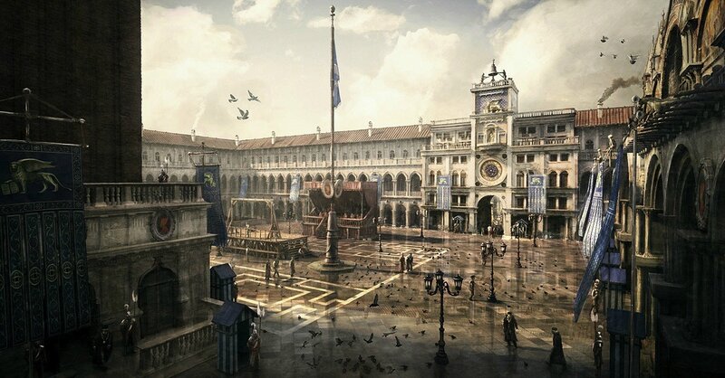 Venetian square with flag and pigeons