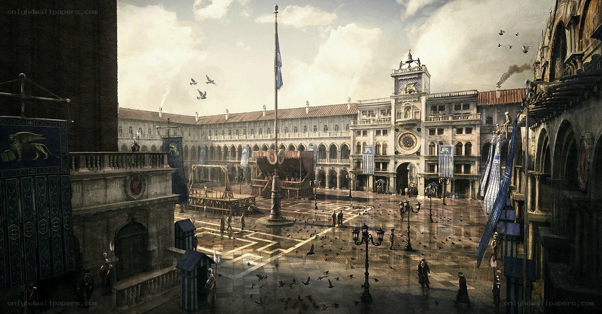 Venetian square with flag and pigeons