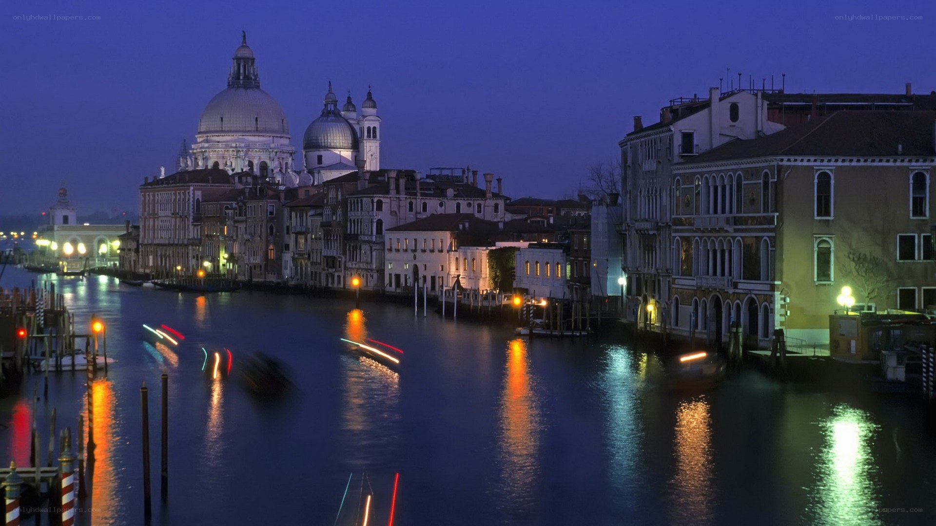 Venice at dusk with canal lights