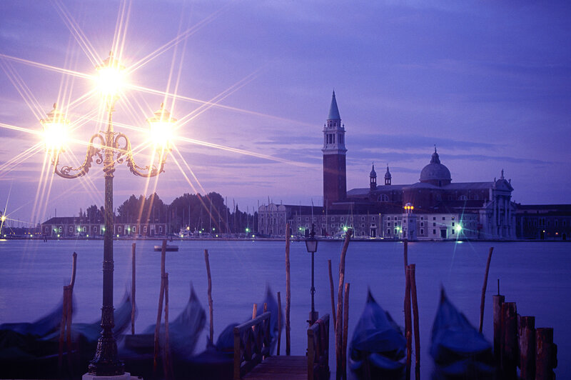 Venice at dusk with gondolas