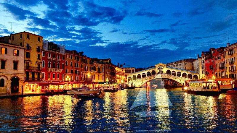 Venice at dusk with Rialto Bridge