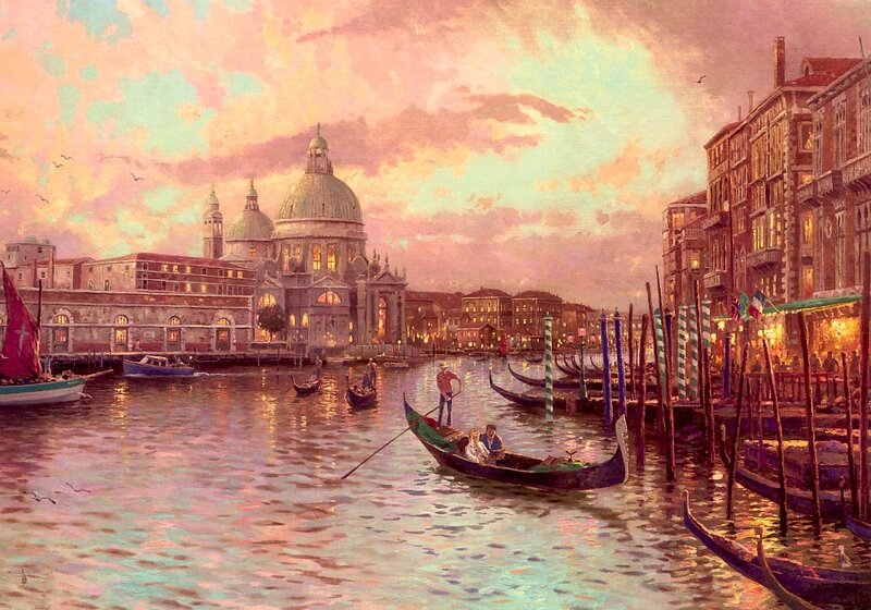 Venice at sunset with gondolas