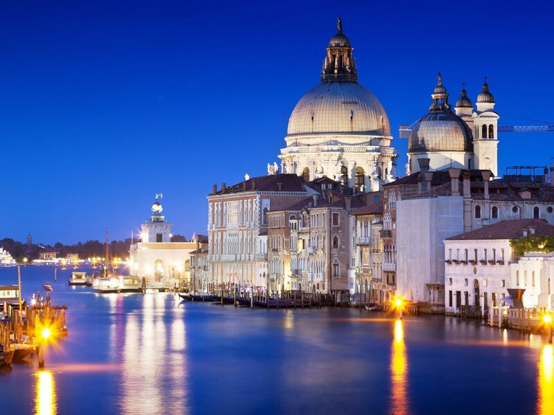 Venice Canal at Dusk — Blue, Serene, Night, Photograph, Buildings