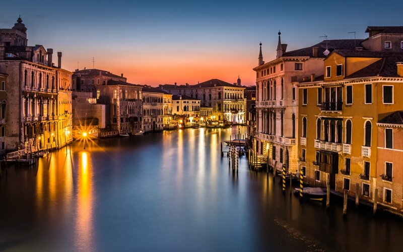 Venice Canal at Dusk — Blue, Serene, Sunset, Photograph, Buildings