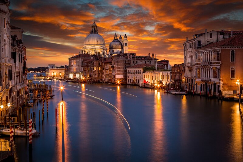 Venice Canal at Dusk — Orange, Dramatic