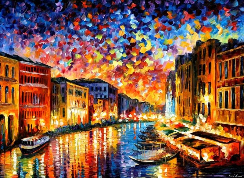 Venice Canal at Night — Blue, Dramatic, Painting