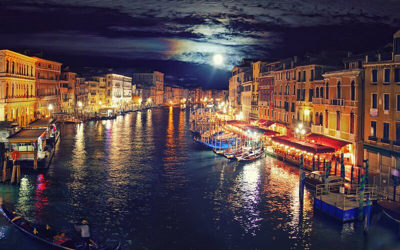 Venice Canal at Night — Blue, Dramatic, Photograph
