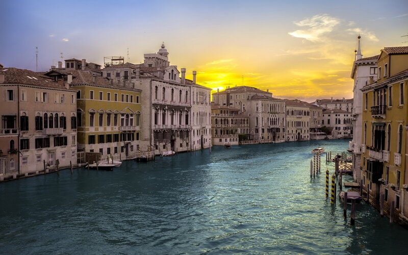 Venice Canal at Sunset — Blue, Serene, Photograph, Buildings, Boats