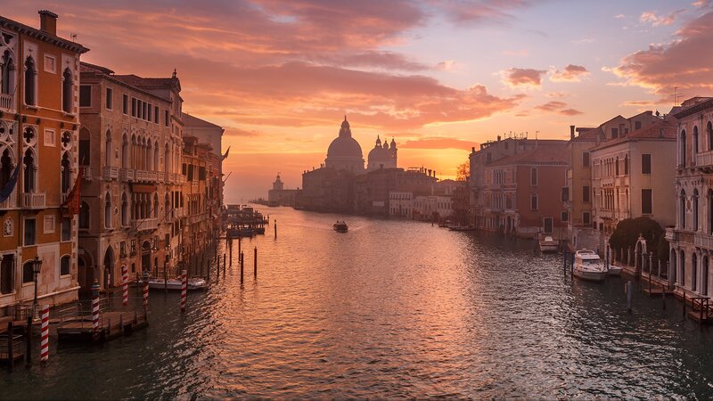 Venice Canal at Sunset — Orange, Serene, Photograph, Buildings, Boats