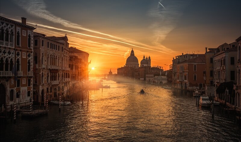 Venice Canal at Sunset — Orange, Serene, Photograph, Buildings, Dome