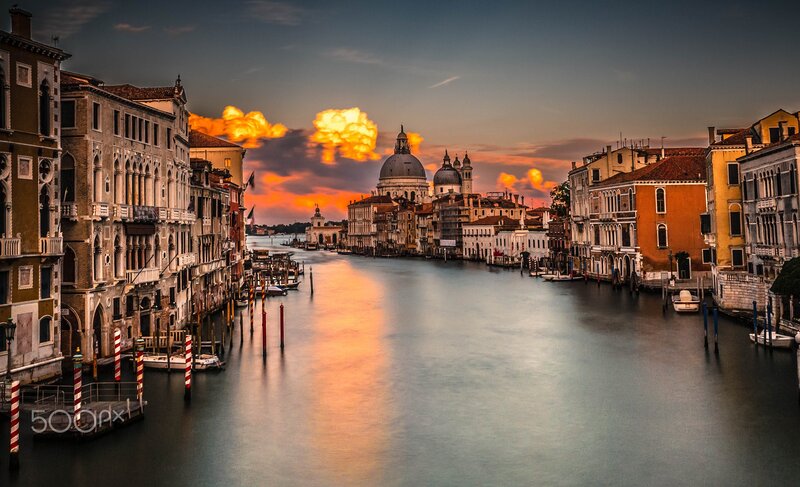 Venice Canal at Sunset — Orange, Serene, Photograph, Buildings