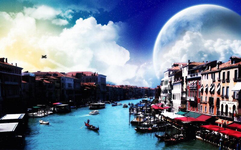 Venice Canal Scene — Blue, Dramatic, Night, Digital Art