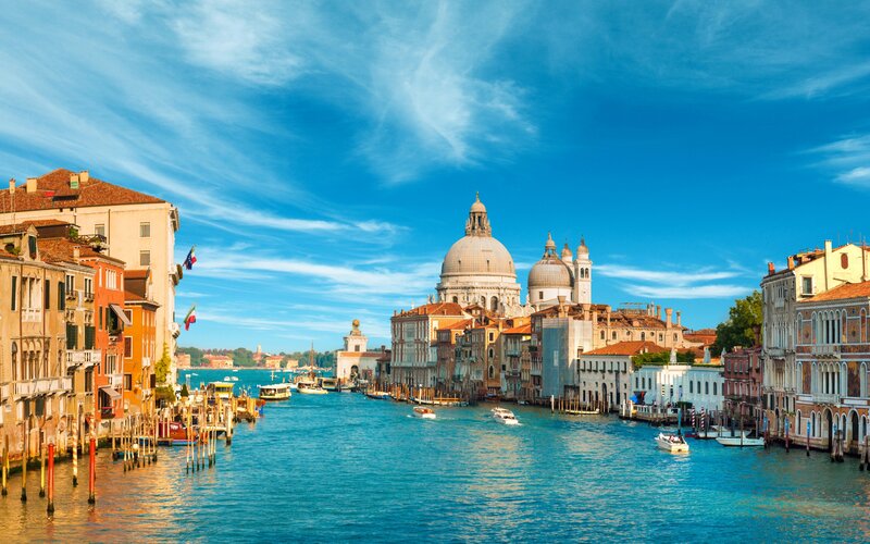 Venice Canal with Basilica — Blue, Serene, Afternoon, Photograph