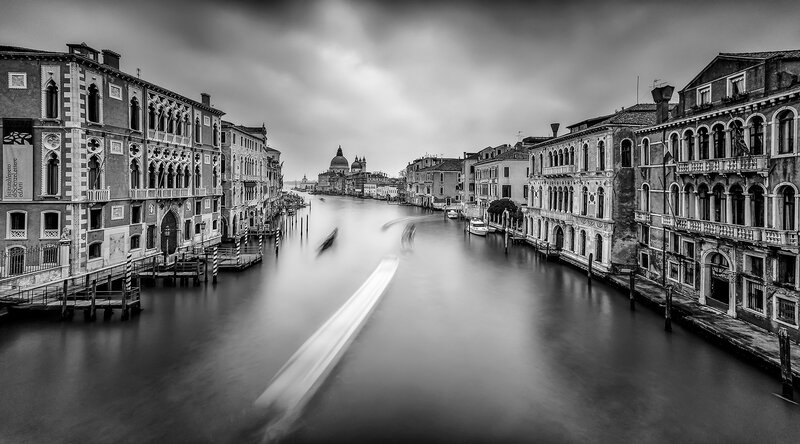 Venice Canal with Boats — Black