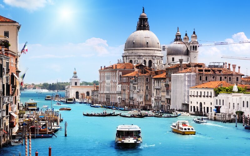 Venice Canal with Boats — Blue, Bright, Afternoon