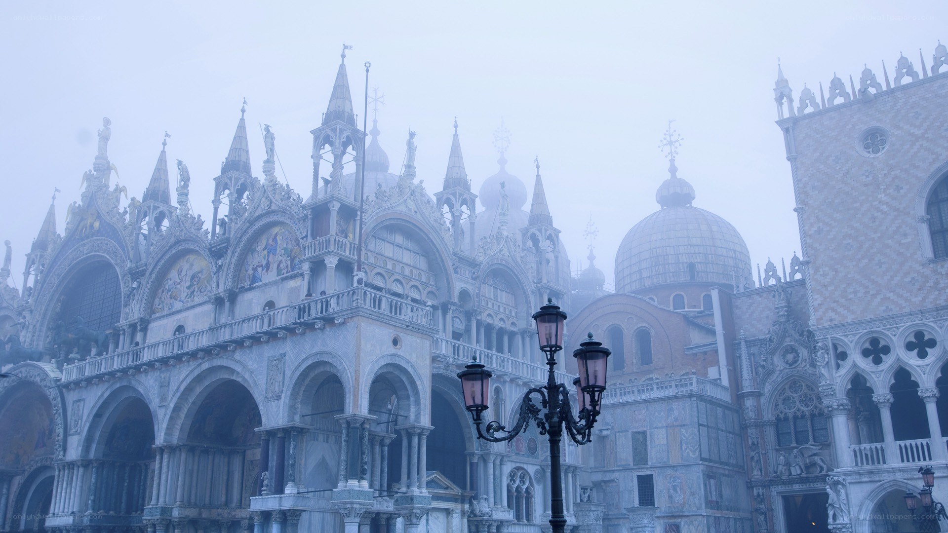 Venice cathedral in fog