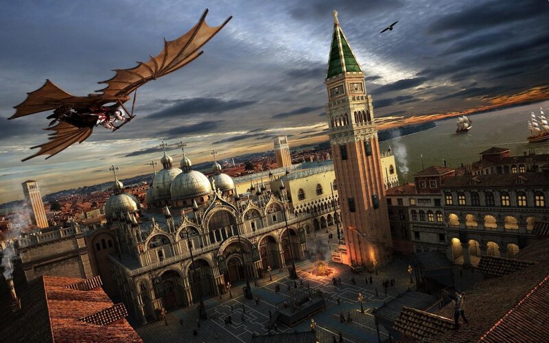 Venice with flying machine