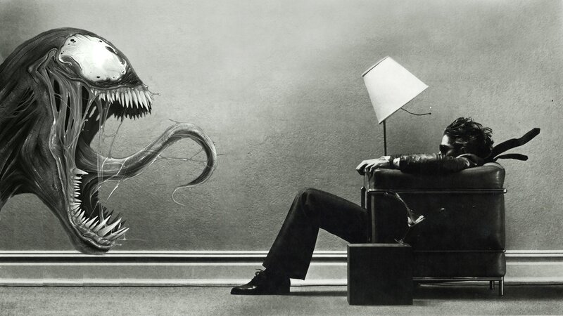 Venom Creature and Man — Black, Dramatic, Digital Art, Armchair