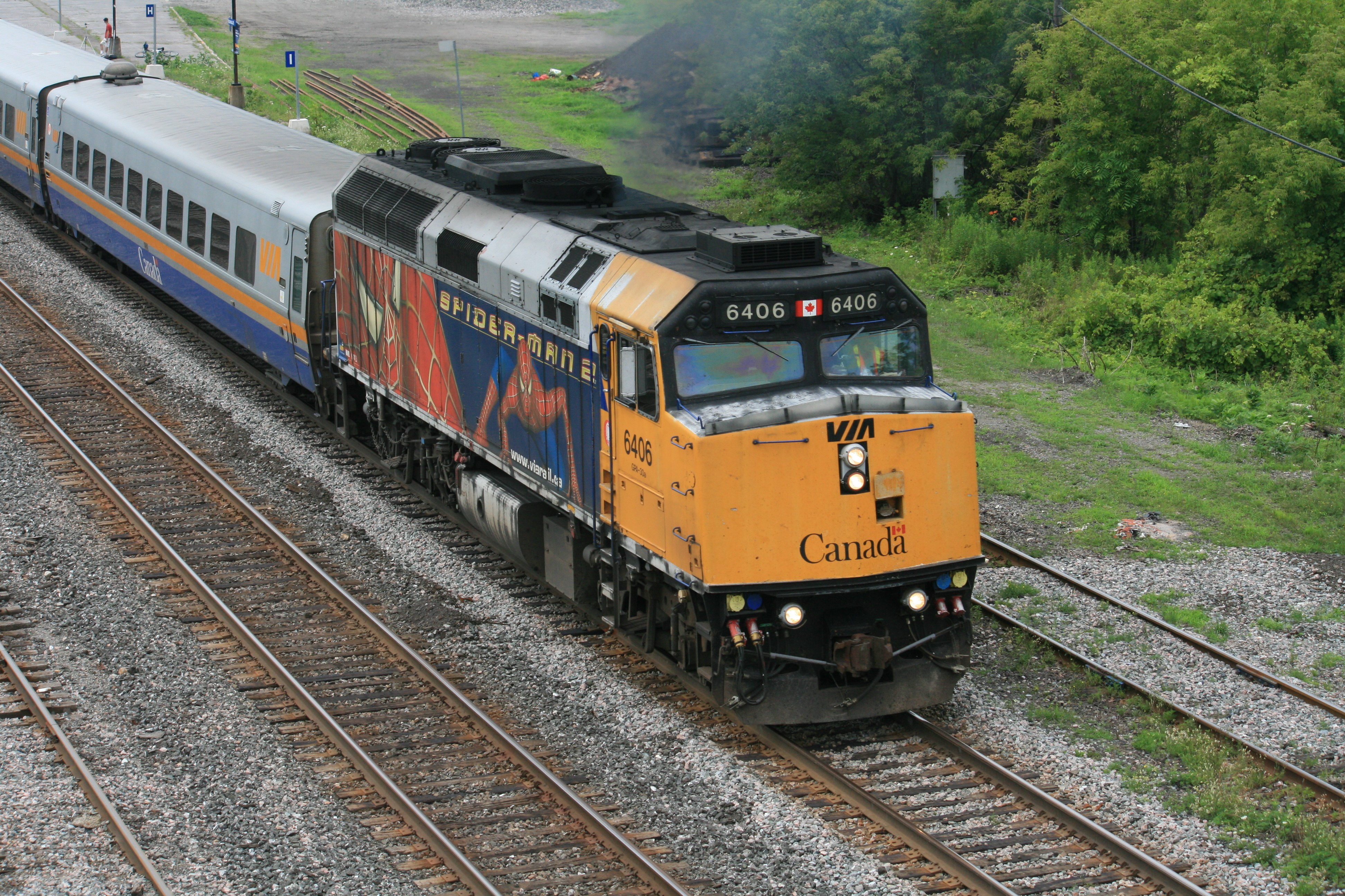 VIA Rail train with Spider-Man livery