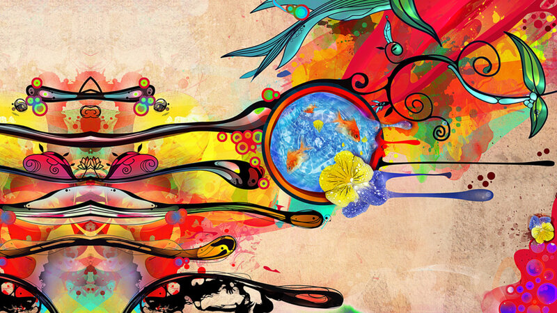 vibrant abstract art with fish bowl