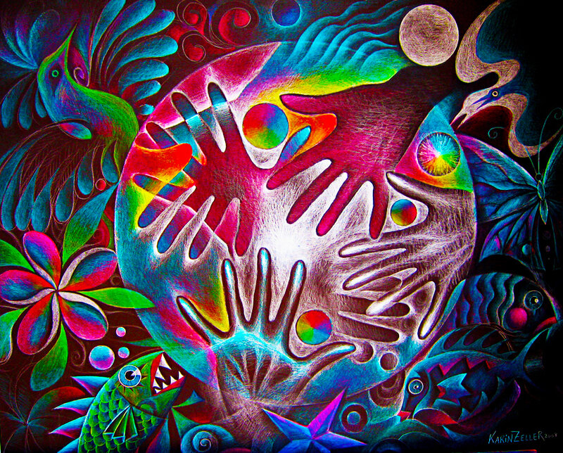 Vibrant abstract art with hands and animals