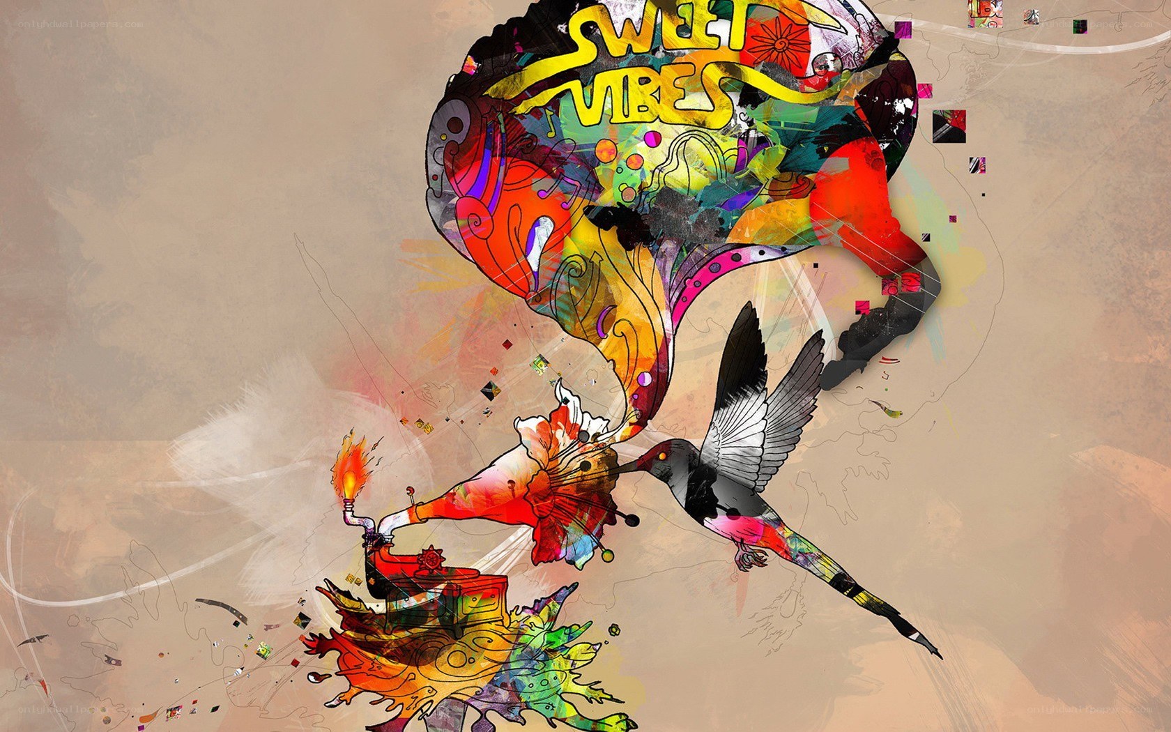 vibrant abstract art with hummingbird