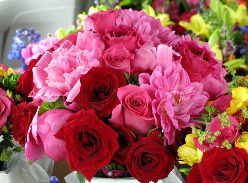 vibrant bouquet of roses and dahlias