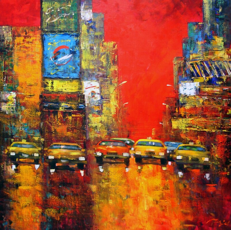 Vibrant city street at dusk