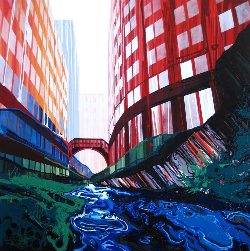 Vibrant cityscape with water reflections