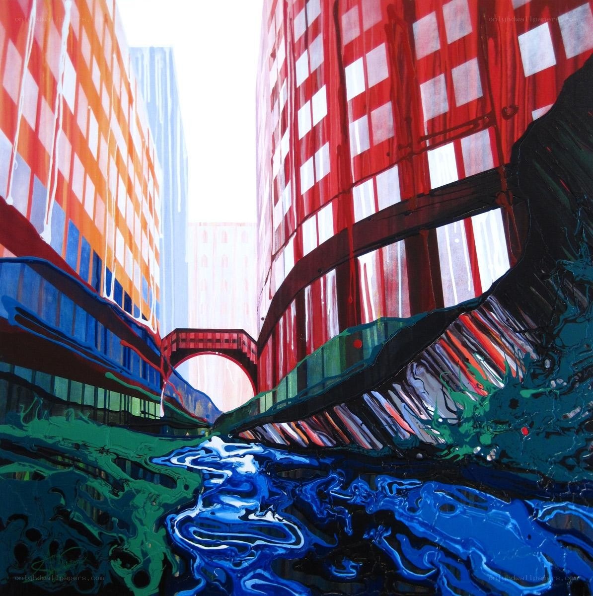 Vibrant cityscape with water reflections