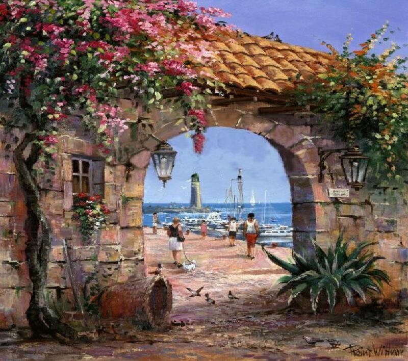 Vibrant coastal archway scene