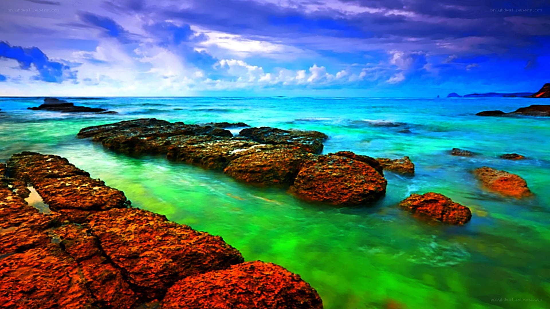 Vibrant coastal rocks at sunset