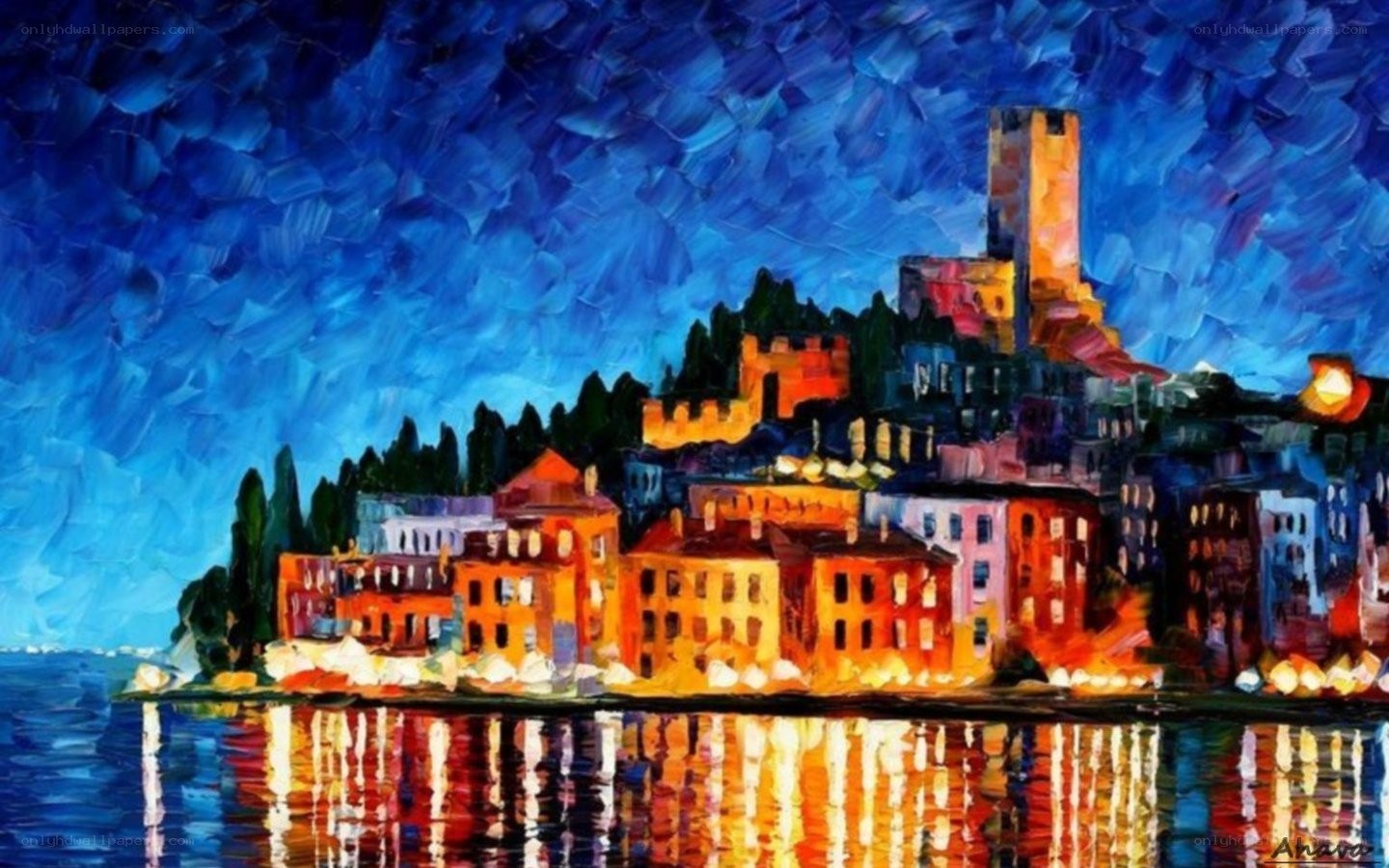 Vibrant coastal town at night