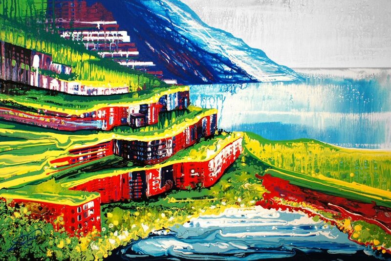 Vibrant coastal village painting