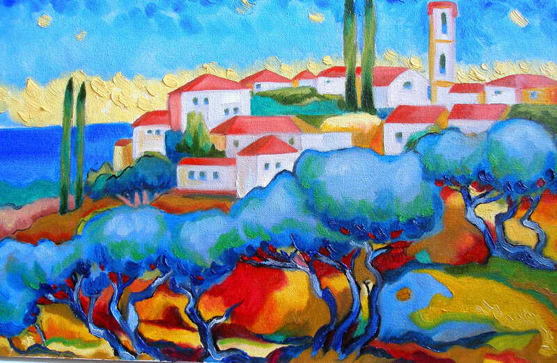 Vibrant coastal village painting