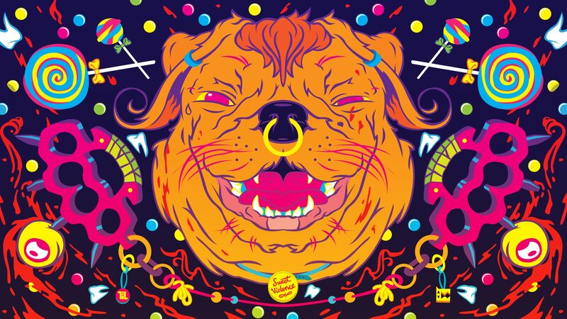 vibrant dog with lollipops and brass knuckles