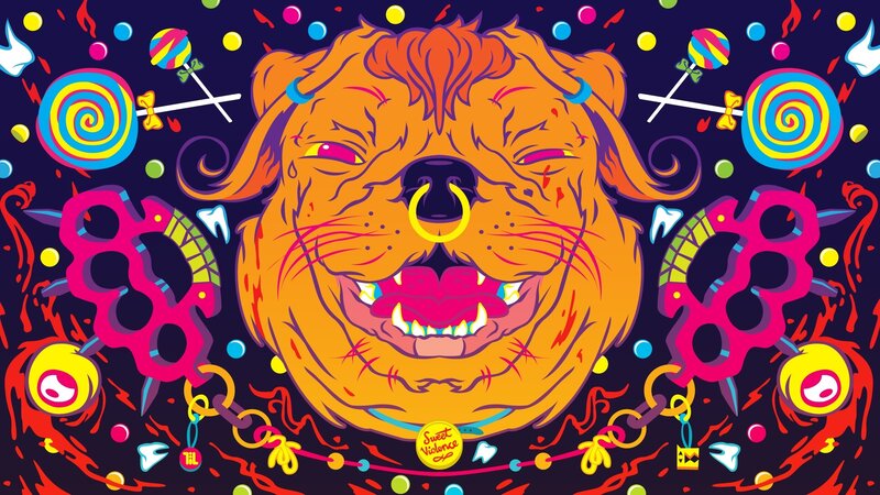 vibrant dog with lollipops and brass knuckles