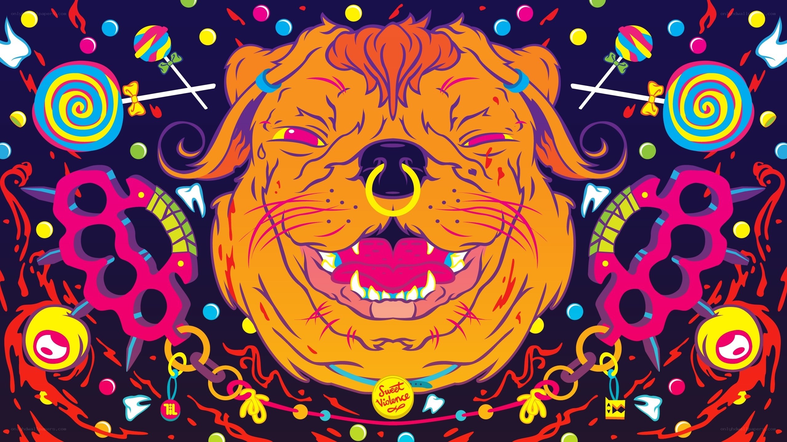 vibrant dog with lollipops and brass knuckles