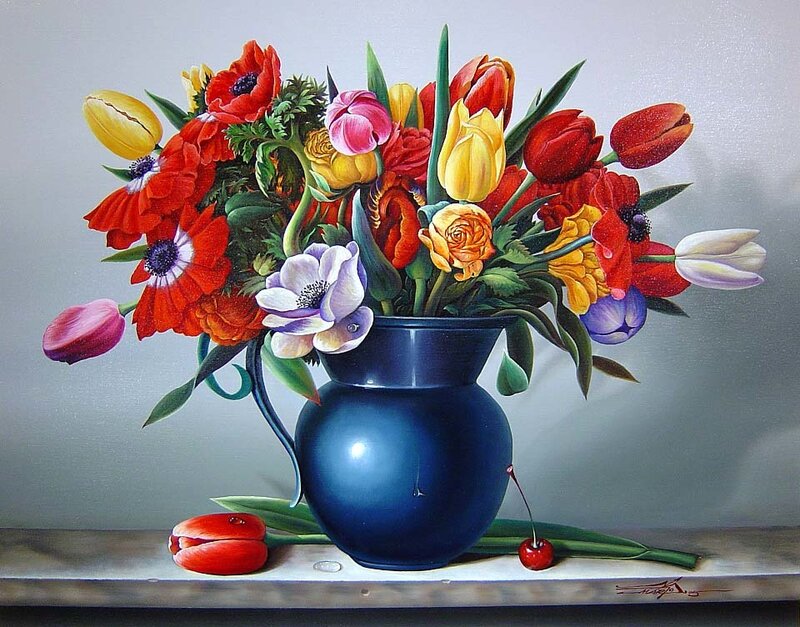 Vibrant flower bouquet in a blue vase