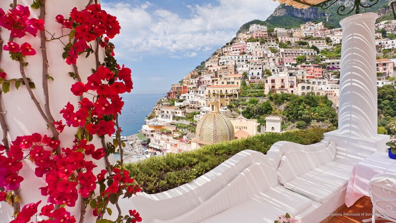 Vibrant Flowers and Coastal Town — Red