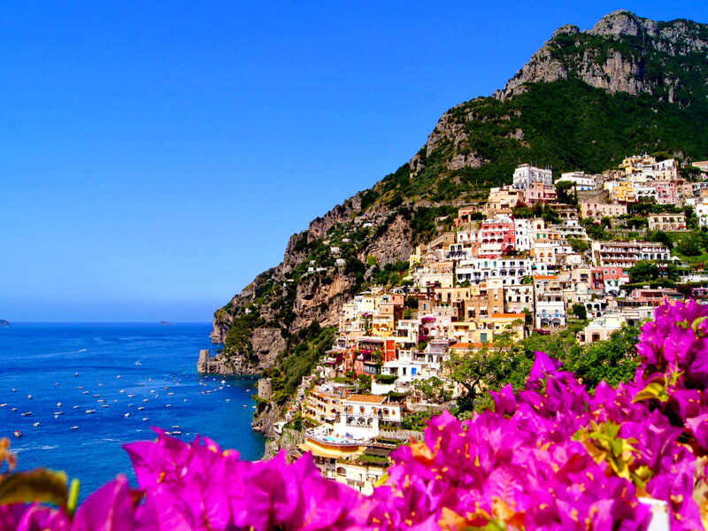 Vibrant Flowers and Coastal Town