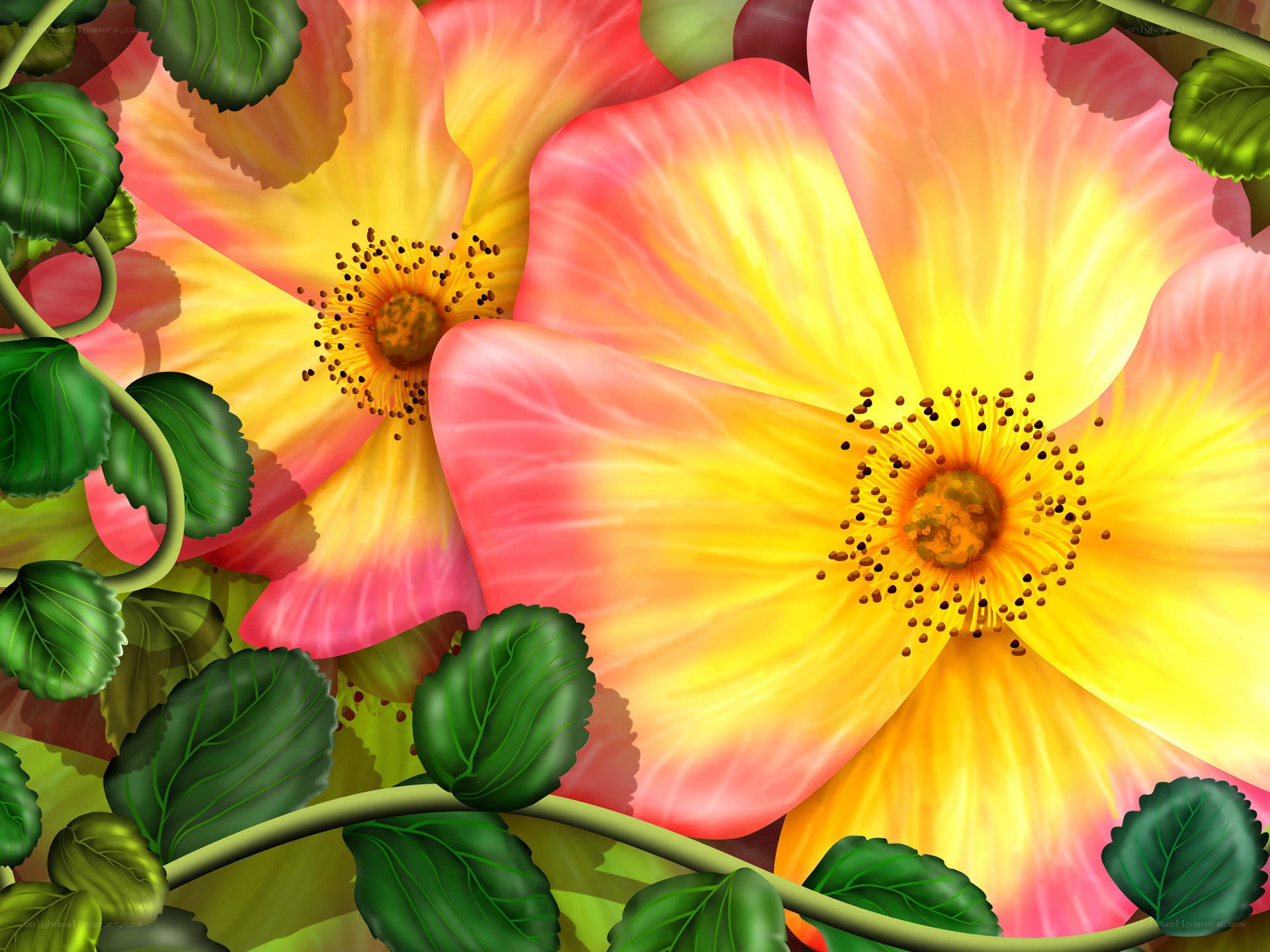 vibrant flowers with green leaves