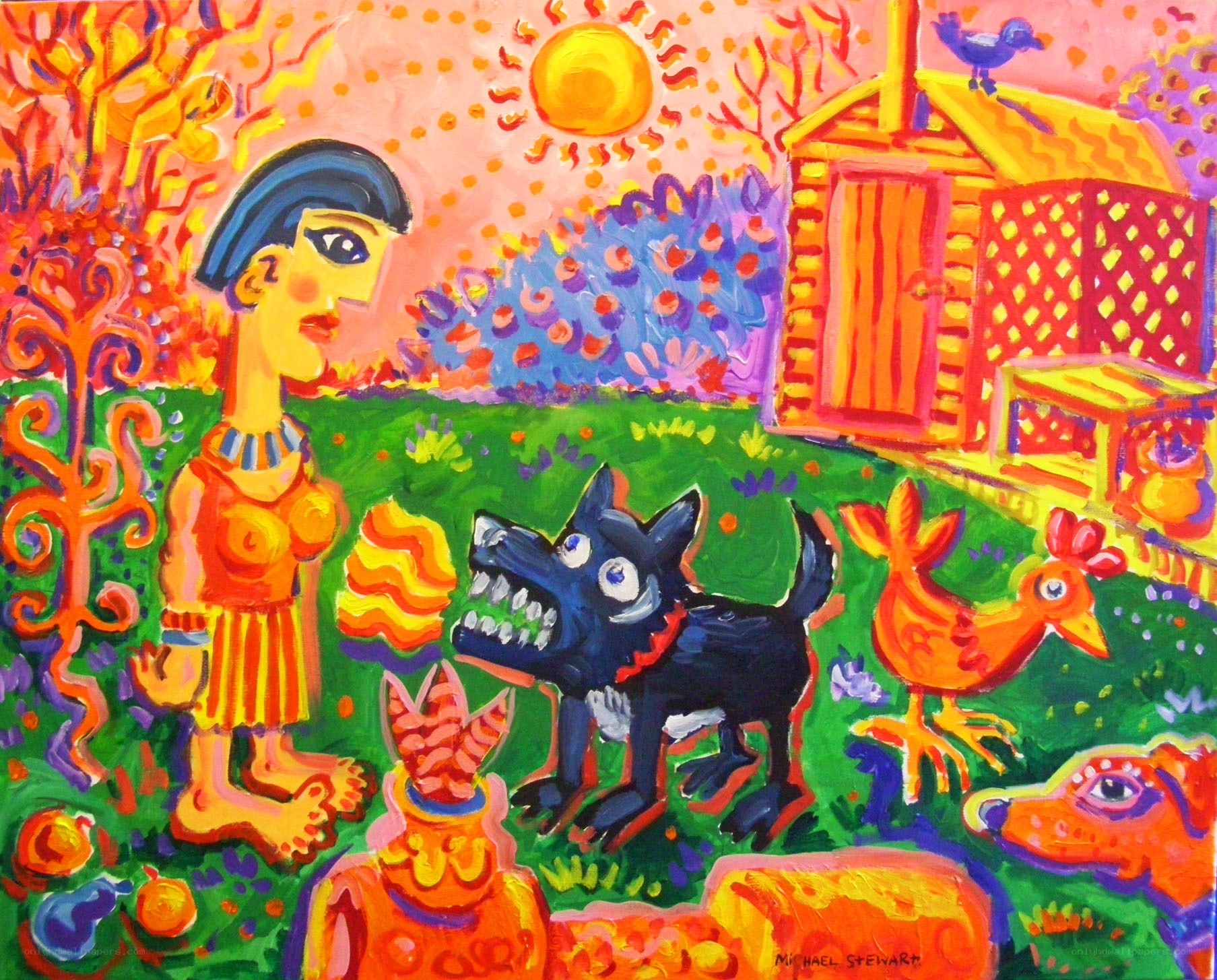 Vibrant garden scene with figures